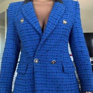 Zara Women's Blue Tweed Double-Breasted Coat